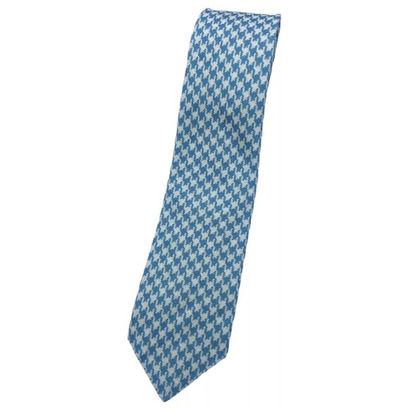 NWOT KITON 7fold 100% Linen Necktie LUXURY Tie Blue White Houndstooth W:3.5"